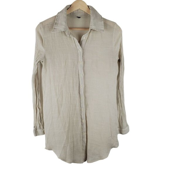 PrettyLittleThing Shirt Womens‎ 0 Gauzy Oatmeal Button up Blouse Tunic Coastal - Picture 1 of 7